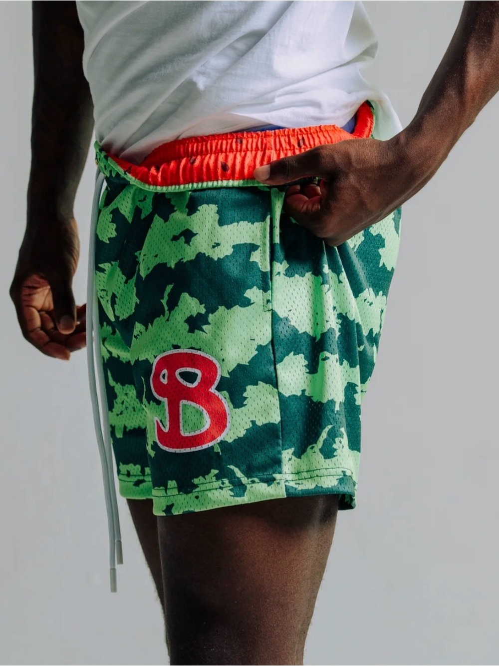 Bucket Squad! Kids Green Camo Athletic Shorts with Red 'B' Accent - Picture 2 of 5